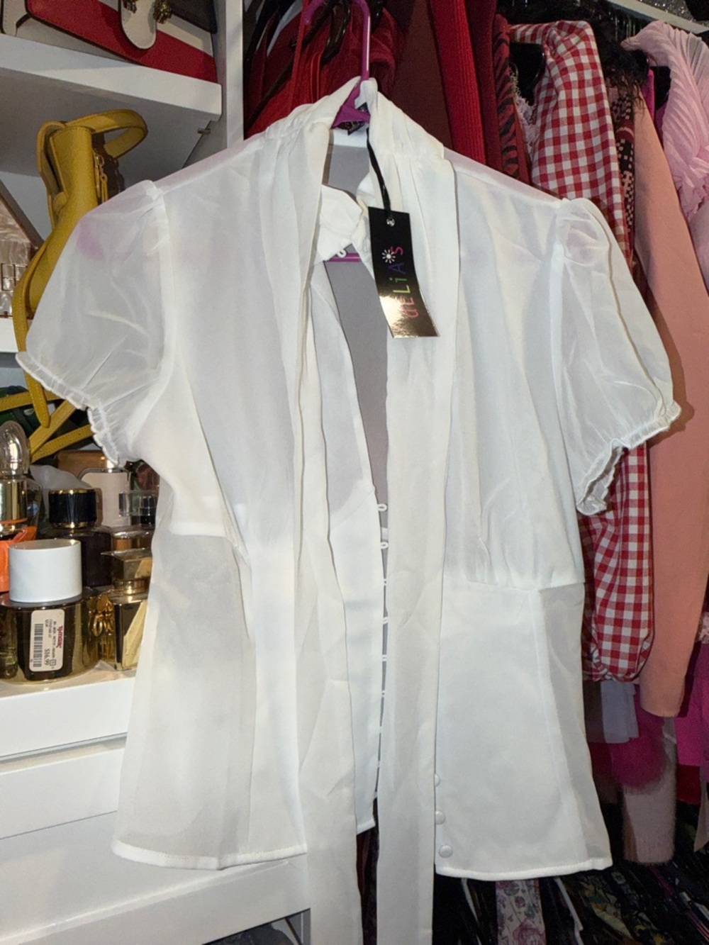 dELiA*s White Sheer Short-Sleeve Tie-Neck Blouse